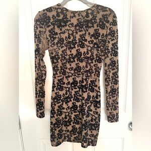 Windsor Tan and Black Bodycon Midi Dress with Long Cuffed Sleeves for Cocktail